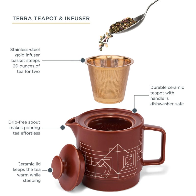 Tea Forte Terra Stoneware Teapot with Infuser and Lid, Frank Lloyd Wright, 20 oz. Sienna Stoneware Pot for Steeping Loose Leaf Tea, Dishwasher & Microwave Safe - Image 2