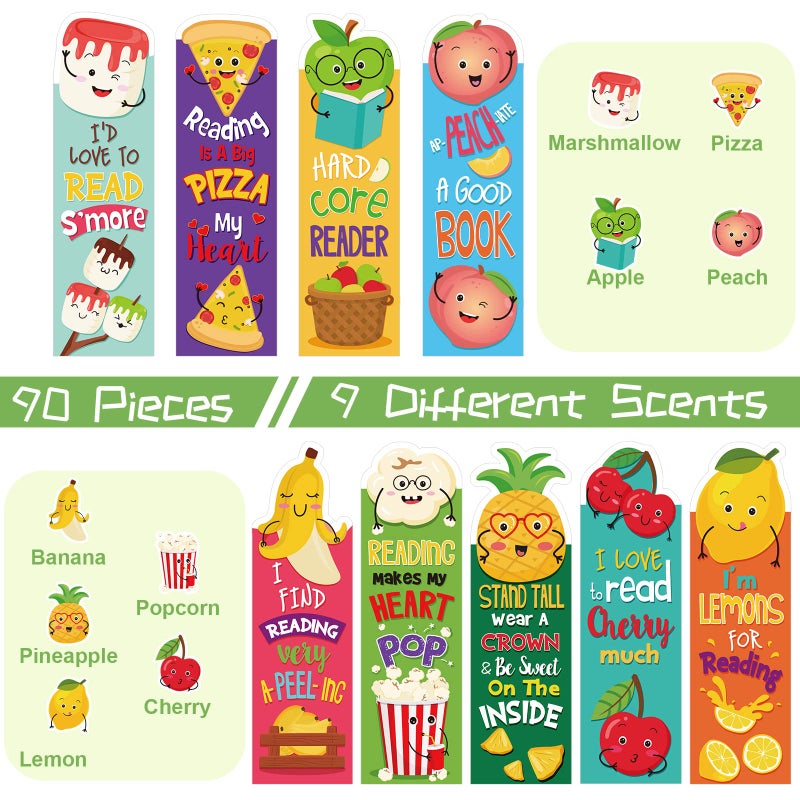 Tinlade 90 Pieces Scratch and Sniff Bookmarks Fruit Scented Bookmarks Classroom 9 Styles Cute Marshmallow Pizza Apple Peach Back to School Stuff for Kids Valentine's Gift Girls Boys Student - Image 3