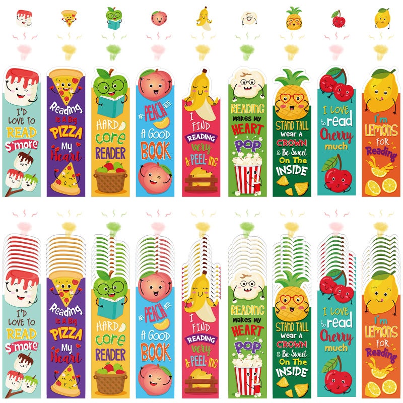 Tinlade 90 Pieces Scratch and Sniff Bookmarks Fruit Scented Bookmarks Classroom 9 Styles Cute Marshmallow Pizza Apple Peach Back to School Stuff for Kids Valentine's Gift Girls Boys Student - Image 2