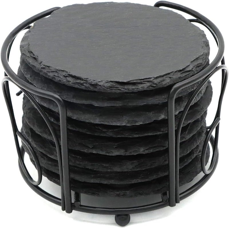 SIJDIEE 8 PCS Round Slate Drink Coasters Set, 4 Inch Laser Engraving Black Slate Stone Coasters with Anti-Scratch Bottom and Coaster Holder for Office Bar Kitchen Home Dinner Table Decor Supplies - Image 1