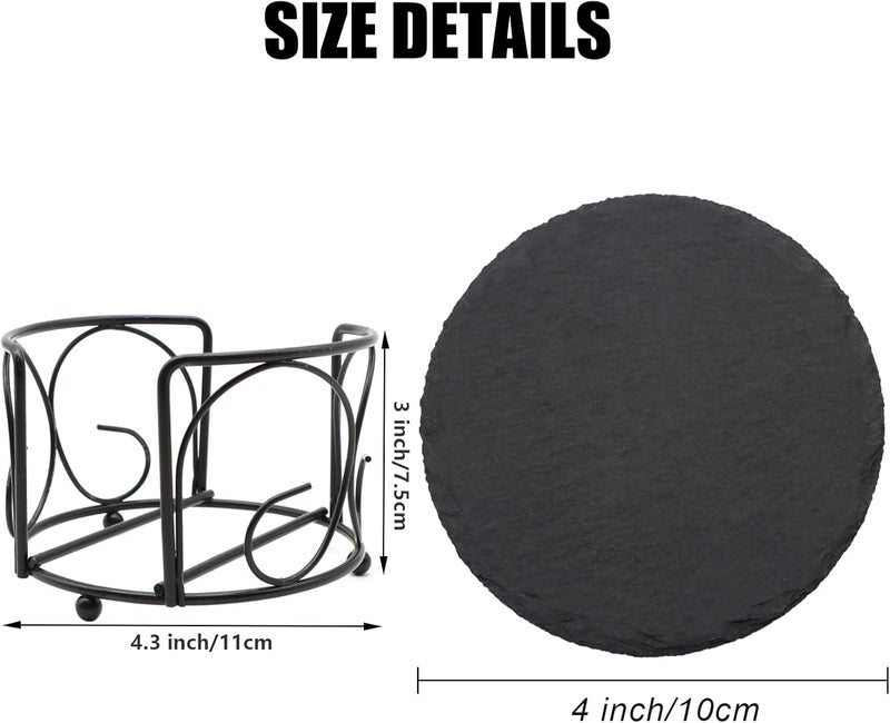 SIJDIEE 8 PCS Round Slate Drink Coasters Set, 4 Inch Laser Engraving Black Slate Stone Coasters with Anti-Scratch Bottom and Coaster Holder for Office Bar Kitchen Home Dinner Table Decor Supplies - Image 2