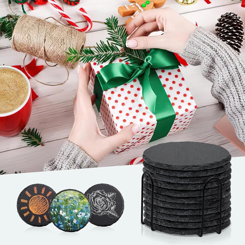 SIJDIEE 8 PCS Round Slate Drink Coasters Set, 4 Inch Laser Engraving Black Slate Stone Coasters with Anti-Scratch Bottom and Coaster Holder for Office Bar Kitchen Home Dinner Table Decor Supplies - Image 5