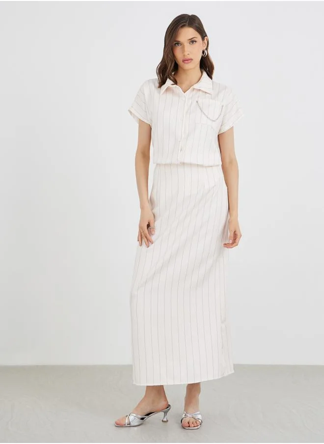 تايك تو Take Two Stripes Spread Collar Shirt with Maxi Skirt Co-Ords