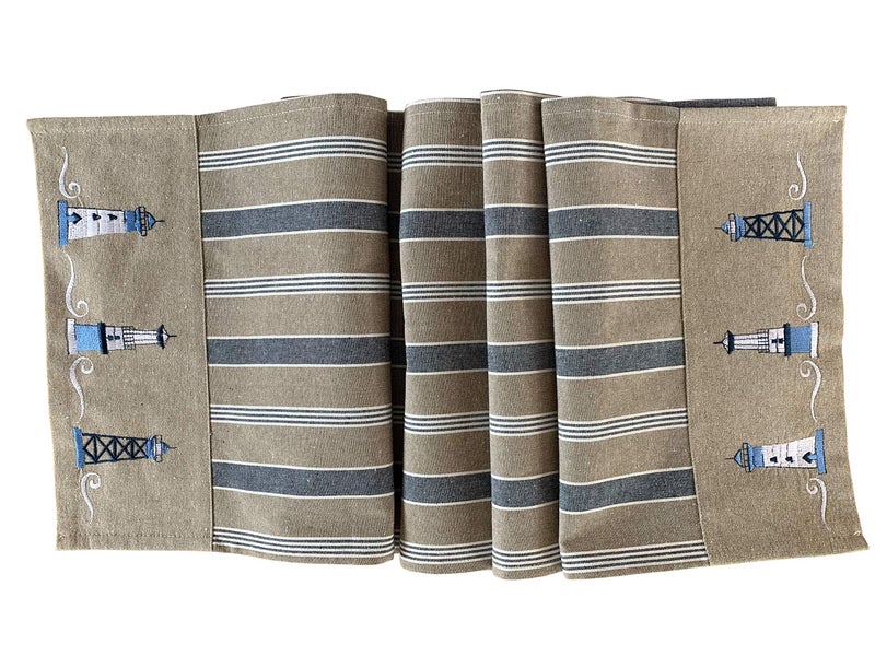 Nautical Table Runner  Cotton Decorative Embroidered Design  Natural Navy Blue and White Coastal Lighthouse 72 Inch