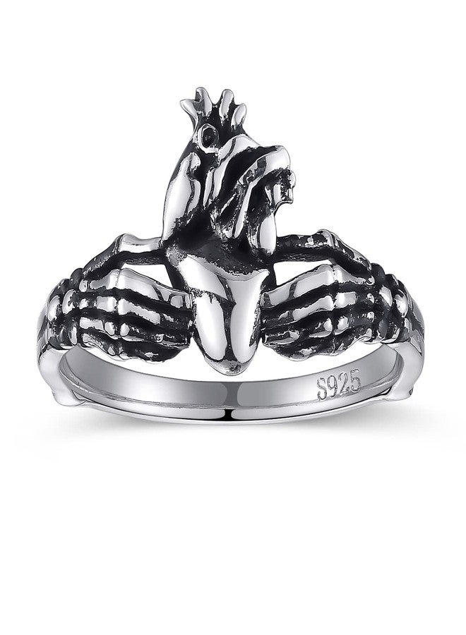AVECON Claddagh Rings for Women, Gothic Skeleton Hands with Anatomical Heart Skull Stackable Statement Ring, Unique Jewelry Gift, Size 9 - Image 1