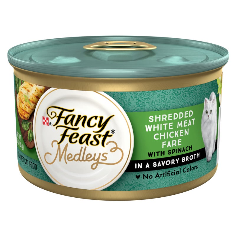 Fancy Feast Purina Fancy Feast Wet Cat Food Medleys Shredded White Meat Chicken Fare With Spinach in Savory Cat Food Broth - (Pack of 24) 3 oz. Cans - Image 1