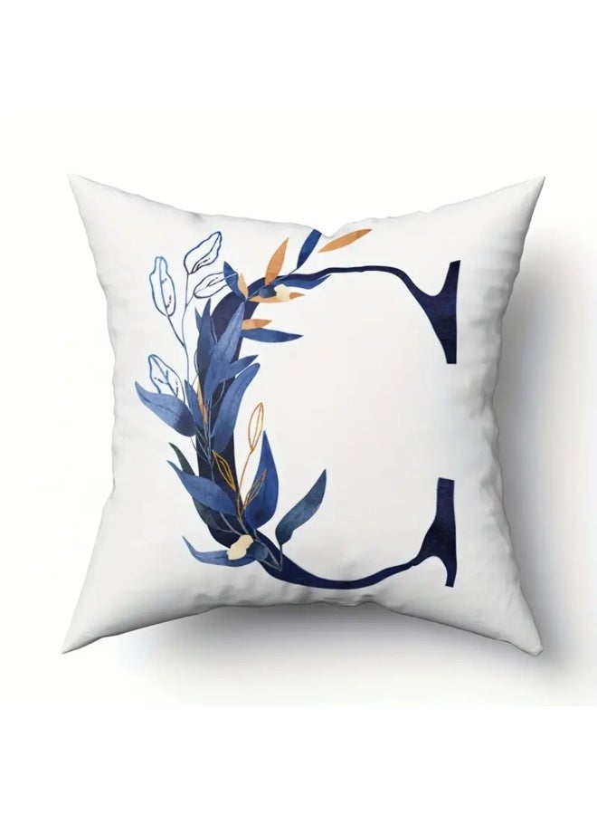 Blue Letter Pattern Square Throw Pillow Cover, Contemporary Style, Zipper Closure, Machine Washable Polyester, Decorative Cushion Case for Living Room Bedroom - Image 1