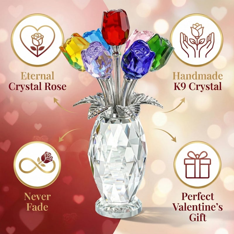 Rotroyce Elegant Crystal Rose Figurine with Gift Box â€“ 7 Colorful K9 Glass Roses Floral Sculpture, Handmade Everlasting Flower Decor, Romantic Gift for Valentineâ€™s Day, Motherâ€™s Day, Wedding, Anniversary - Image 5