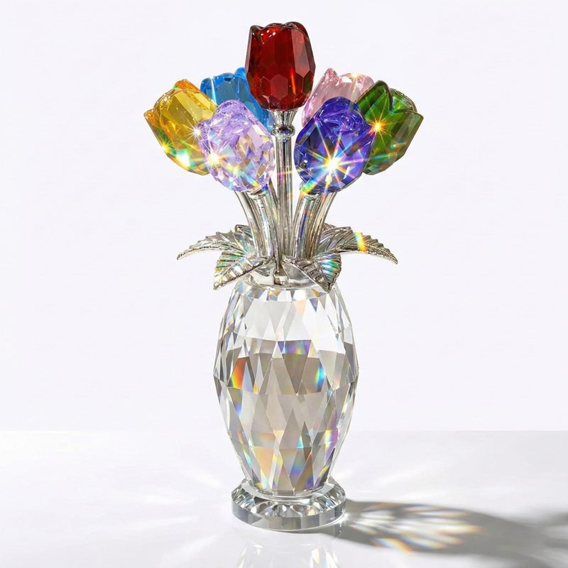 Rotroyce Elegant Crystal Rose Figurine with Gift Box â€“ 7 Colorful K9 Glass Roses Floral Sculpture, Handmade Everlasting Flower Decor, Romantic Gift for Valentineâ€™s Day, Motherâ€™s Day, Wedding, Anniversary - Image 1