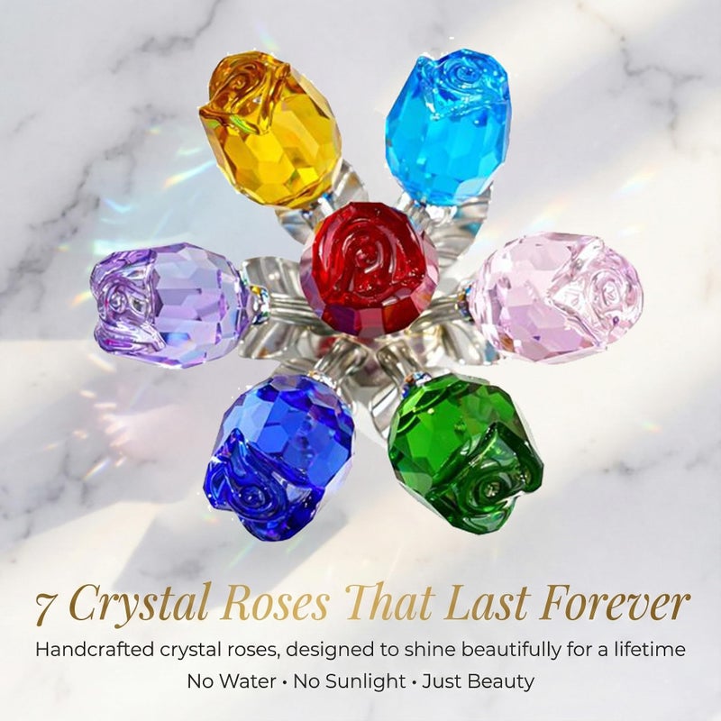 Rotroyce Elegant Crystal Rose Figurine with Gift Box â€“ 7 Colorful K9 Glass Roses Floral Sculpture, Handmade Everlasting Flower Decor, Romantic Gift for Valentineâ€™s Day, Motherâ€™s Day, Wedding, Anniversary - Image 2
