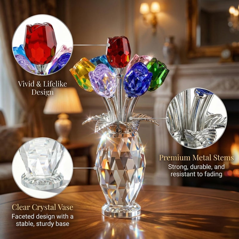 Rotroyce Elegant Crystal Rose Figurine with Gift Box â€“ 7 Colorful K9 Glass Roses Floral Sculpture, Handmade Everlasting Flower Decor, Romantic Gift for Valentineâ€™s Day, Motherâ€™s Day, Wedding, Anniversary - Image 4