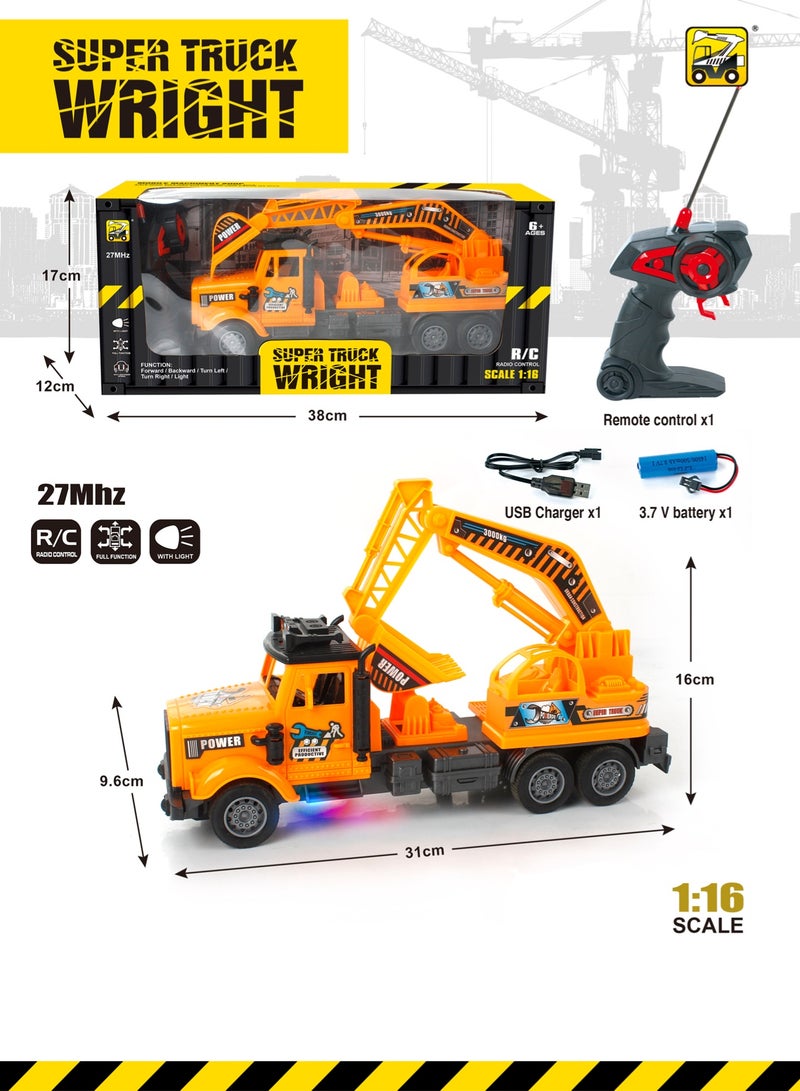 Remote Control Construction Crane Truck – 1:16 Scale RC Excavator with Lights, USB Charger – 27MHz Full-Function Super Truck Wright Toy - Image 2
