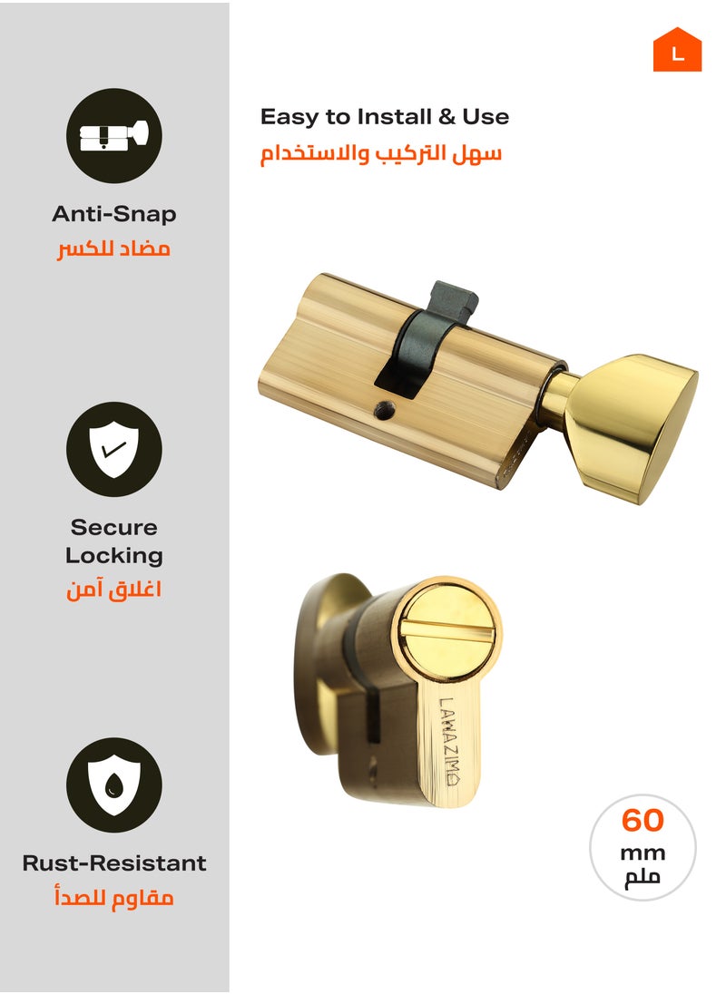 LAWAZIM Thumbturn Cylinder Lock with Handle Set of 3 -60mm, Gold - Steel Keyless and Latch Operation for Interior Doors, Bathrooms, Wooden, Metal Doors with Anti-Snap, Anti-Pick, Anti-Drill Protection  - Image 2