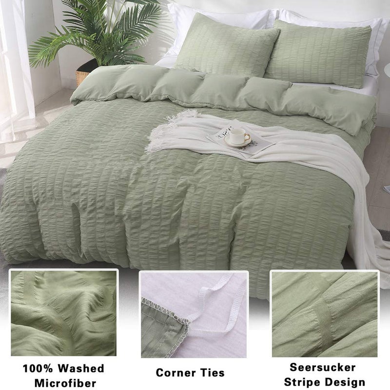 AveLom Green Duvet Cover Queen(90 x 90 inches), 3 Pieces (1 Duvet Cover, 2 Pillow Cases),Seersucker Tripe Soft Washed Microfiber, Textured Duvet Cover Set with Zipper Closure, Corner Ties - Image 2