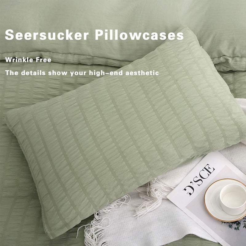 AveLom Green Duvet Cover Queen(90 x 90 inches), 3 Pieces (1 Duvet Cover, 2 Pillow Cases),Seersucker Tripe Soft Washed Microfiber, Textured Duvet Cover Set with Zipper Closure, Corner Ties - Image 5