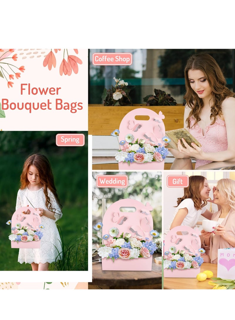 SOLARAE Kraft Flower Gift Bags, 10Pcs 3D Butterfly Rectangle Waterproof Bouquet Box with Handles Hollow Out Pink Gift Packaging Tote for Mother Day Graduation Wedding Birthday Party Gift - Image 4
