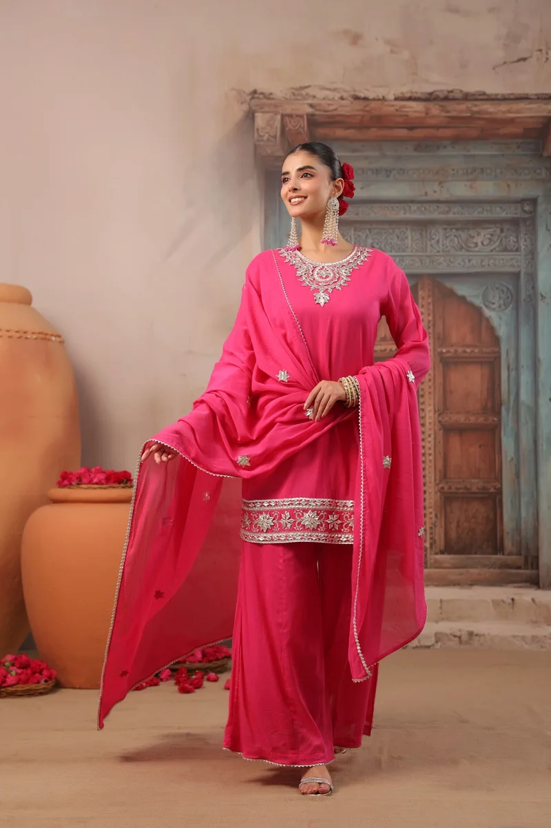 Viny Viny Women's Embroidered Sharara Suit Set – Mirror Work Kurta with Palazzo Pants & Dupatta – Ramadan & Eid – Fuchsia – Indian Ethnic Wear