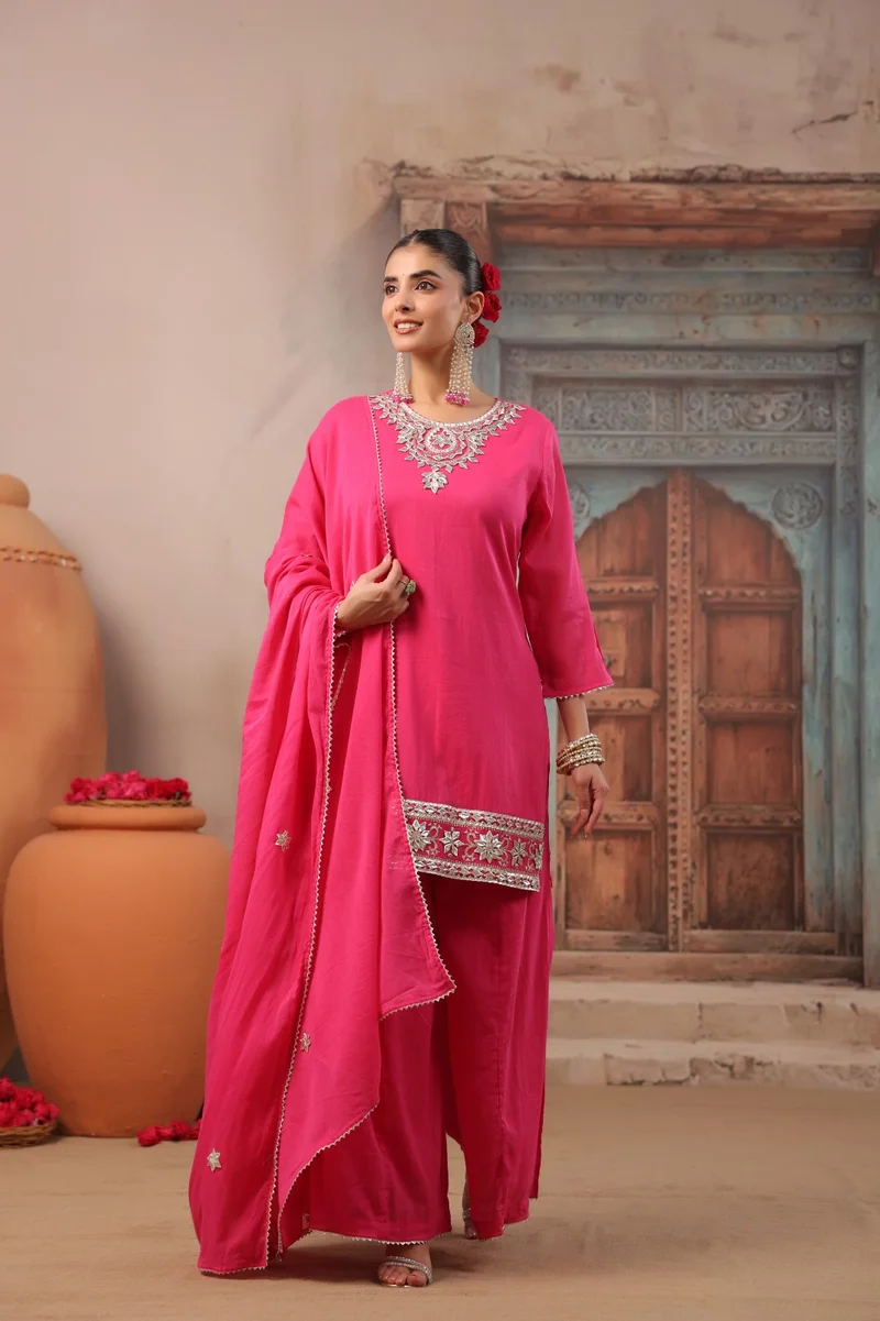 Viny  Viny Women's Embroidered Sharara Suit Set – Mirror Work Kurta with Palazzo Pants & Dupatta – Ramadan & Eid – Fuchsia – Indian Ethnic Wear for Women | Best Price UAE