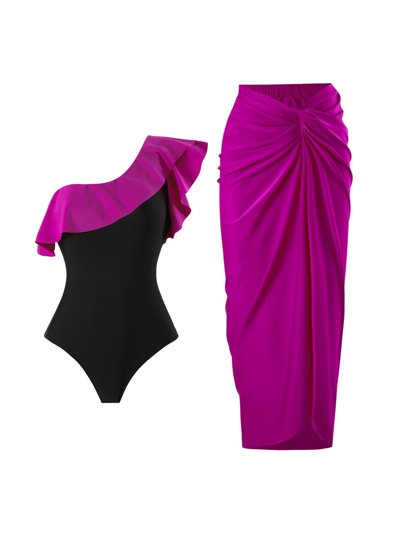 Y&D 2-Piece Women One Shoulder Swimsuit with Skirt Holiday Beach Dress Female Retro Swimwear Vintage Surf Wear Summer - Image 1