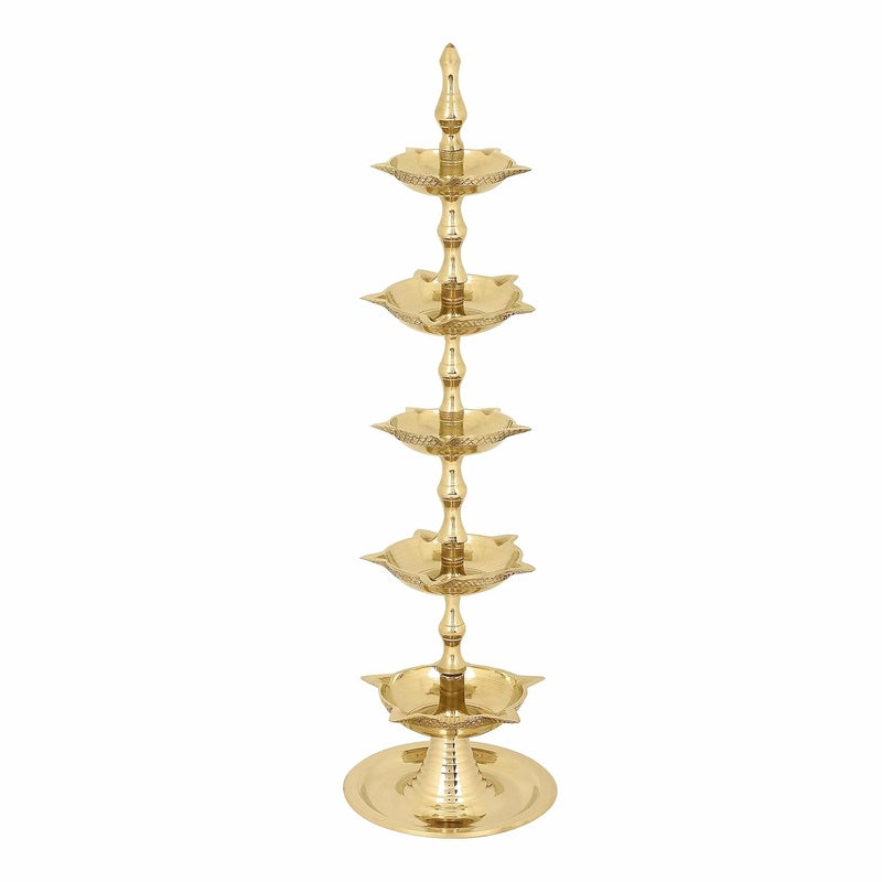CRAFTSMAN Craftsman Diwali GiftDiwali Deepawali Decoration Handmade Indian Heavy Brass 5 Steps Panchmahal Diya Lamp Engraved 5 in 1 Adjustable Dia with Beautiful Peacock on topIndian Gift Items - Image 1