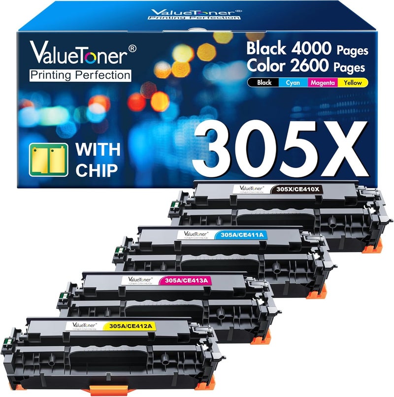 Valuetoner خرطوشة حبر معاد تصنيعها من بديلة لـ HP 305A 305X CE410A CE410X CE411A CE412A CE413A لطابعات Laserjet Pro 400 M451dn M451nw M475dn M475dw M451dw M375nw (أسود، سماوي، أرجواني، أصفر) - Image 1
