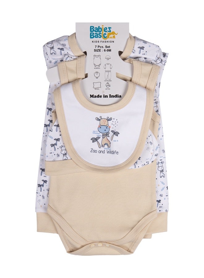 Babies Basic 7 Piece Unisex 100% Cotton Gift Set Include Bib, Blanket, Mitten, Cap, Romper, Top And Bottom Set  - Image 2