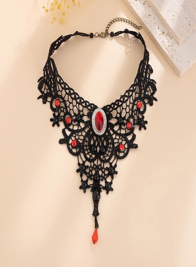 Asiamist Black Lace Choker Necklace for Women Gothic Red Crystal Necklace Vintage Vampire Necklaces Halloween Costume Accessories (Red) - Image 5