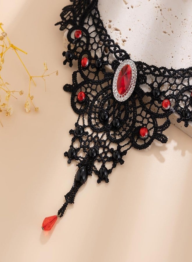 Asiamist Black Lace Choker Necklace for Women Gothic Red Crystal Necklace Vintage Vampire Necklaces Halloween Costume Accessories (Red) - Image 4