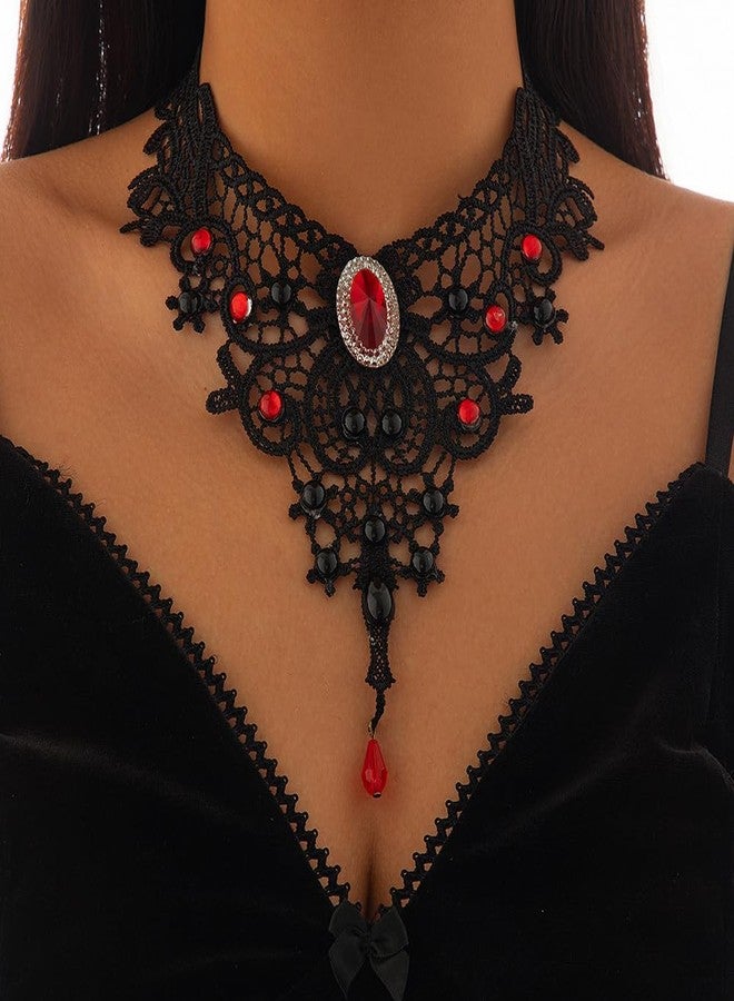 Asiamist Black Lace Choker Necklace for Women Gothic Red Crystal Necklace Vintage Vampire Necklaces Halloween Costume Accessories (Red) - Image 2