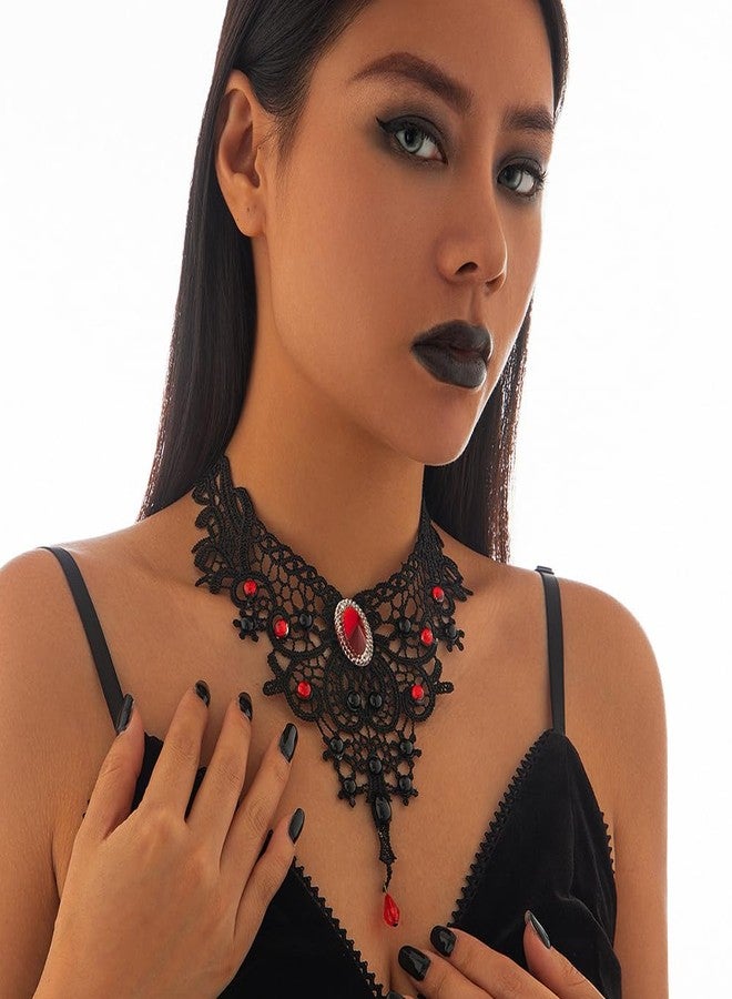 Asiamist Black Lace Choker Necklace for Women Gothic Red Crystal Necklace Vintage Vampire Necklaces Halloween Costume Accessories (Red) - Image 3