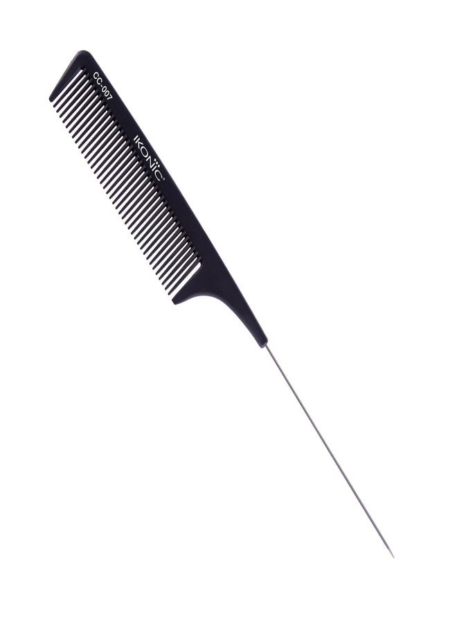IKONIC CARBON COMB - CC-007 BLACK with Ionic Coating for Static free Styling, comes with an extended tapered steel handle that doubles as a Hair Picker, narrow teeth is ideal for normal hair type - Image 1