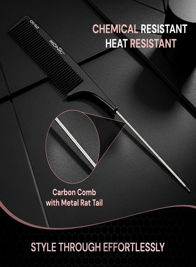 IKONIC CARBON COMB - CC-007 BLACK with Ionic Coating for Static free Styling, comes with an extended tapered steel handle that doubles as a Hair Picker, narrow teeth is ideal for normal hair type - Image 5