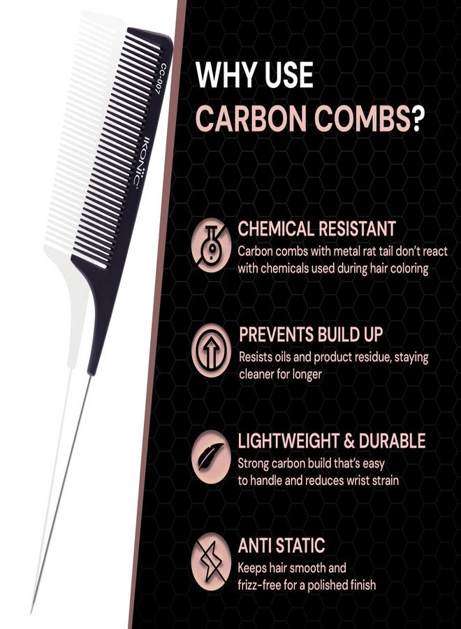 IKONIC CARBON COMB - CC-007 BLACK with Ionic Coating for Static free Styling, comes with an extended tapered steel handle that doubles as a Hair Picker, narrow teeth is ideal for normal hair type - Image 2