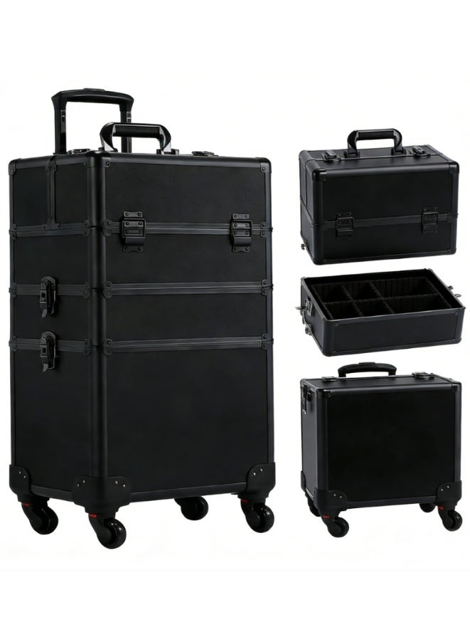 Rolling Makeup Train Case 3 in 1 Cosmetic Makeup Case Large Aluminum Trolley Makeup Travel Case Professional Rolling Cosmetic Beauty Storage, with 360°Swivel Wheels (All Black, AIGE-001-3 TIER) - Image 1