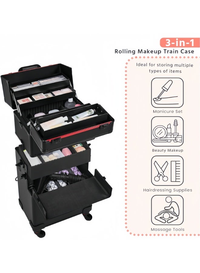 Rolling Makeup Train Case 3 in 1 Cosmetic Makeup Case Large Aluminum Trolley Makeup Travel Case Professional Rolling Cosmetic Beauty Storage, with 360°Swivel Wheels (All Black, AIGE-001-3 TIER) - Image 2