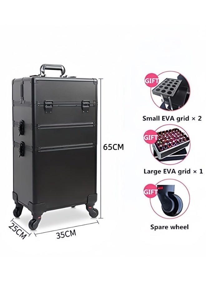 Rolling Makeup Train Case 3 in 1 Cosmetic Makeup Case Large Aluminum Trolley Makeup Travel Case Professional Rolling Cosmetic Beauty Storage, with 360°Swivel Wheels (All Black, AIGE-001-3 TIER) - Image 3