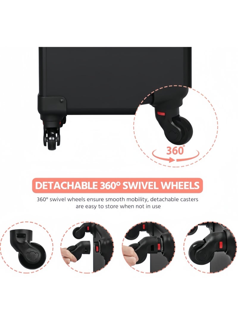 Rolling Makeup Train Case 3 in 1 Cosmetic Makeup Case Large Aluminum Trolley Makeup Travel Case Professional Rolling Cosmetic Beauty Storage, with 360°Swivel Wheels (All Black, AIGE-001-3 TIER) - Image 5