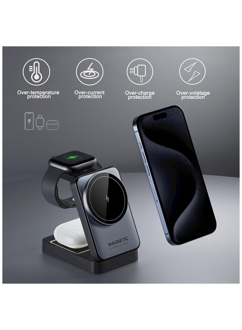 Foldable 3 in 1 Wireless Charger for iPhone,15W MagSafe Stand iPhone Travel Compatible with iPhone16-12 Apple Watch Airpods Pro - Image 2