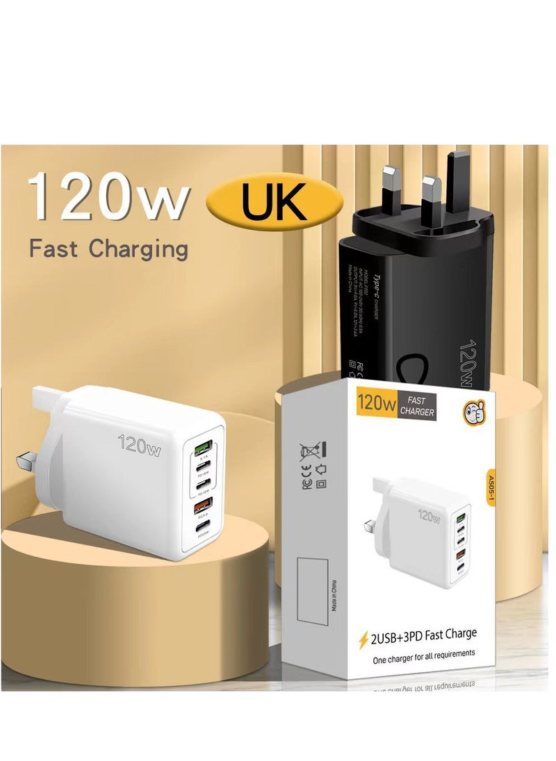 Generic - 120W USB Charger UK Muti Plugs 5 Ports Multifunctional Super Fast Charging Mobile Phone Type C Travel Power Adapter for iPhone Xiaomi Samsung (White) - Image 1