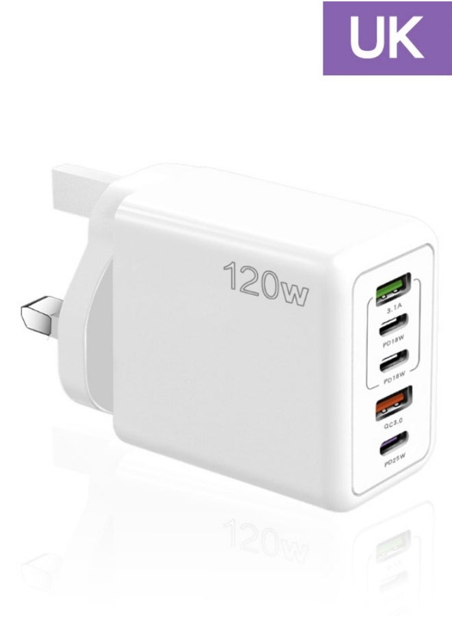 Generic - 120W USB Charger UK Muti Plugs 5 Ports Multifunctional Super Fast Charging Mobile Phone Type C Travel Power Adapter for iPhone Xiaomi Samsung (White) - Image 1