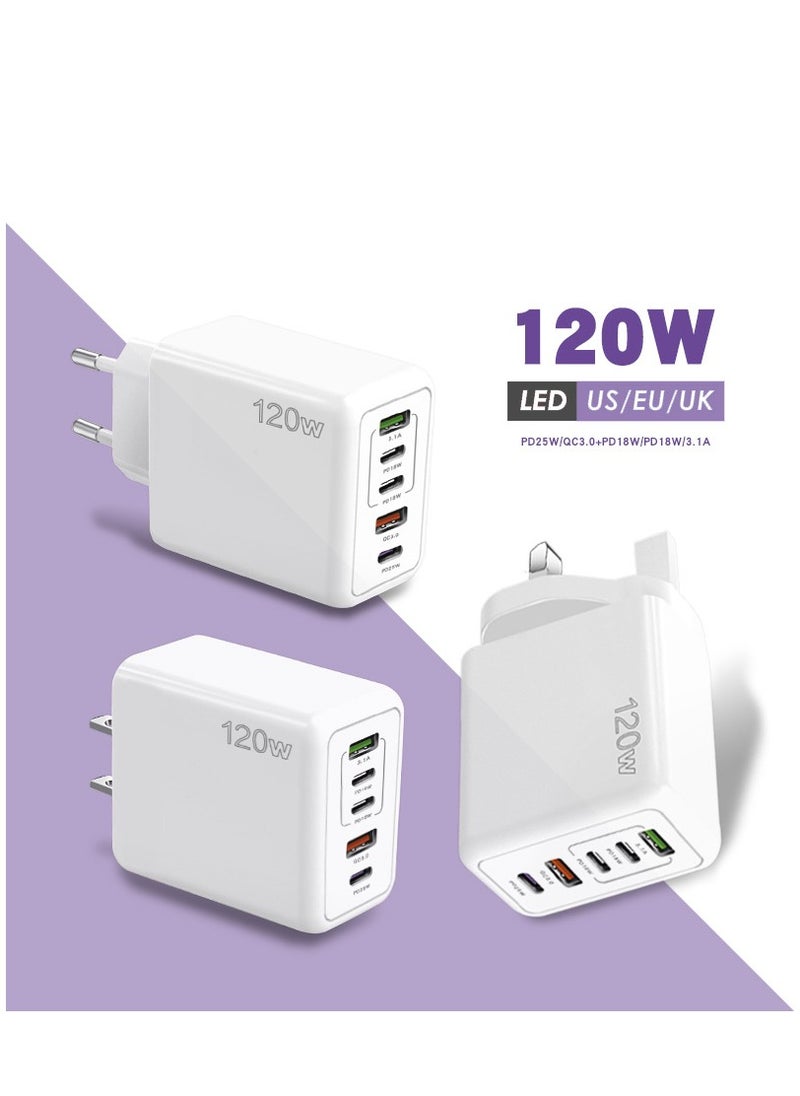 Generic - 120W USB Charger UK Muti Plugs 5 Ports Multifunctional Super Fast Charging Mobile Phone Type C Travel Power Adapter for iPhone Xiaomi Samsung (White) - Image 1