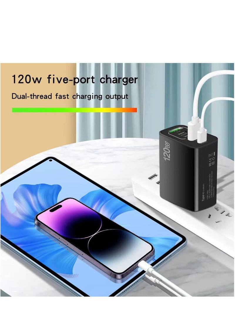 Generic - 120W USB Charger UK Muti Plugs 5 Ports Multifunctional Super Fast Charging Mobile Phone Type C Travel Power Adapter for iPhone Xiaomi Samsung (White) - Image 1