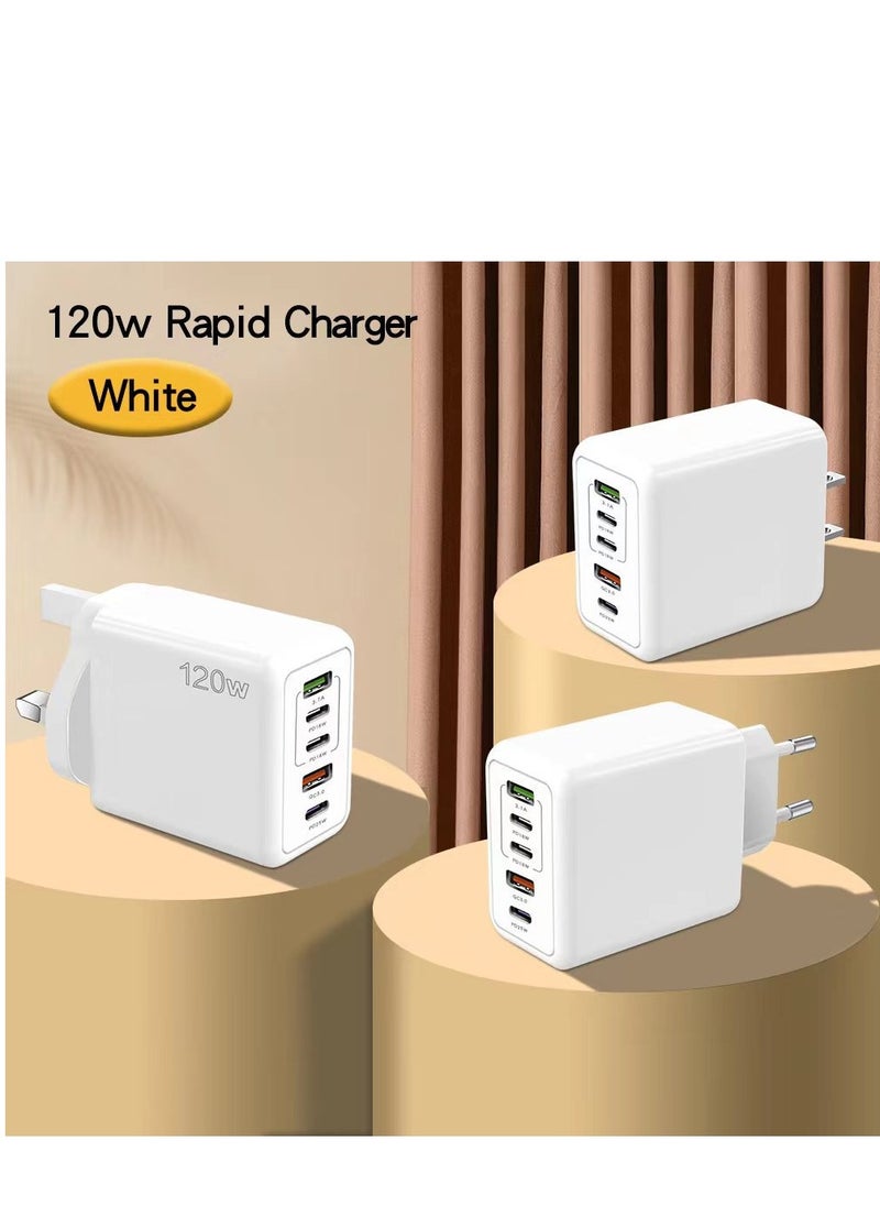 Generic - 120W USB Charger UK Muti Plugs 5 Ports Multifunctional Super Fast Charging Mobile Phone Type C Travel Power Adapter for iPhone Xiaomi Samsung (White) - Image 1