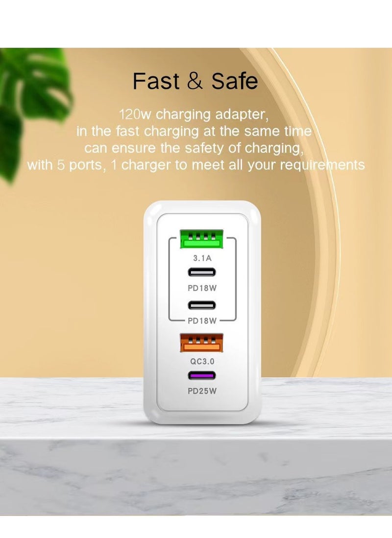 Generic - 120W USB Charger UK Muti Plugs 5 Ports Multifunctional Super Fast Charging Mobile Phone Type C Travel Power Adapter for iPhone Xiaomi Samsung (White) - Image 1