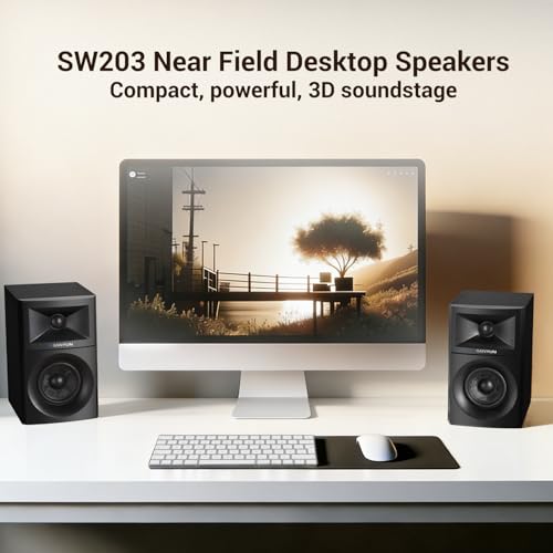Sanyun SW203 2.0 Desktop Computer Speakers - Near-Field 3D Stereo with Vertical Imaging - 60W Triple-DSP Dual Independent Drive - 24bit USB-C DAC Bluetooth 5.4 AUX, HiFi PC Gaming (Pair, Black) - Image 2