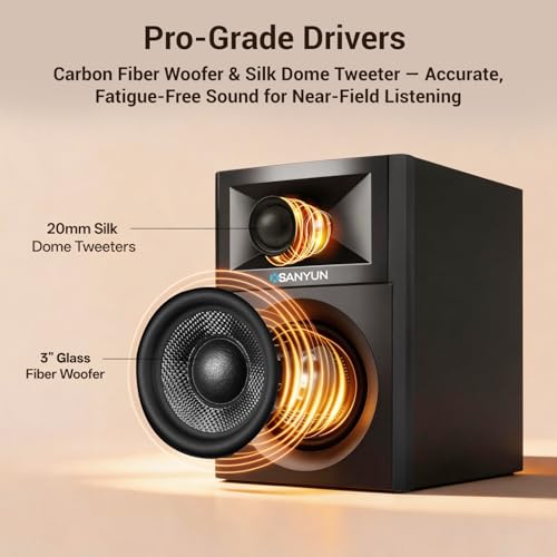 Sanyun SW203 2.0 Desktop Computer Speakers - Near-Field 3D Stereo with Vertical Imaging - 60W Triple-DSP Dual Independent Drive - 24bit USB-C DAC Bluetooth 5.4 AUX, HiFi PC Gaming (Pair, Black) - Image 5