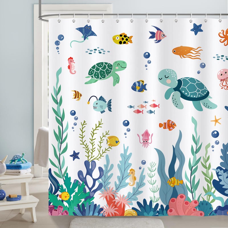 Bonhause Kids Shower Curtain Cute Ocean Sea Turtle Fish Corals Underwater World Bathroom Decor for Boys Girls 72 x 72 Inch Polyester Fabric Waterproof Bath Curtain with 12 Hooks