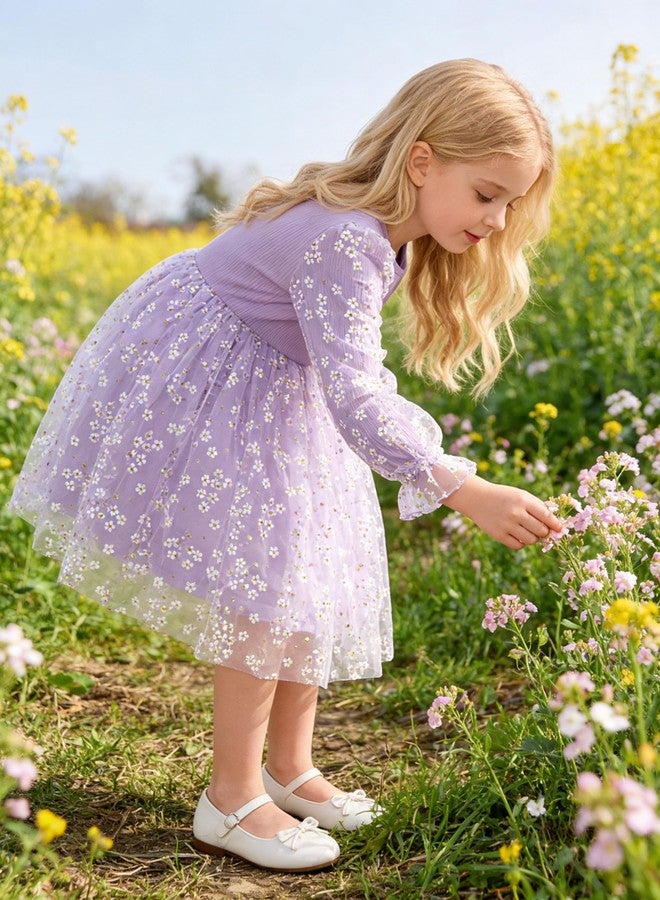 Arshiner Purple Dress for Girls Toddler Sequin Daisy Tulle Puff Long Sleeves Tutu Dress Fancy Princess Birthday Party Dress Up Size 6 - Image 4