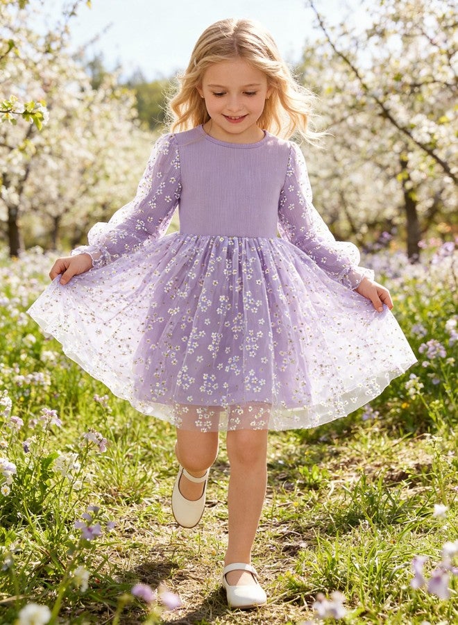 Arshiner Purple Dress for Girls Toddler Sequin Daisy Tulle Puff Long Sleeves Tutu Dress Fancy Princess Birthday Party Dress Up Size 6 - Image 5