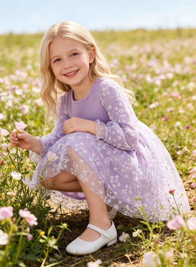 Arshiner Purple Dress for Girls Toddler Sequin Daisy Tulle Puff Long Sleeves Tutu Dress Fancy Princess Birthday Party Dress Up Size 6 - Image 2